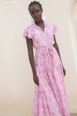 Oliphant Ruffle Collar Button Maxi- Malta Pink
