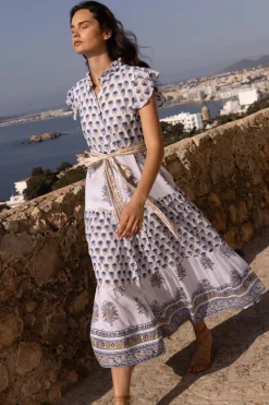 Oliphant Ruffle Collar Button Maxi- Lotus Navy