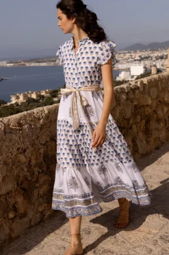 Oliphant Ruffle Collar Button Maxi- Lotus Navy