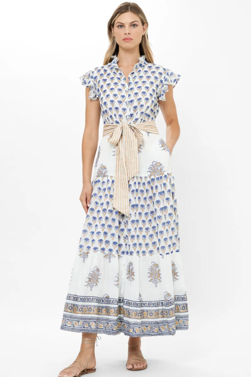 Oliphant Ruffle Collar Button Maxi- Lotus Navy