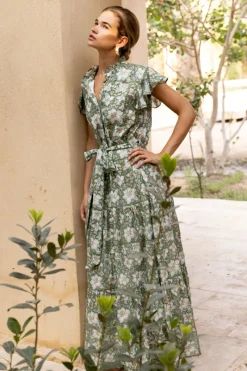 Oliphant Ruffle Collar Button Maxi- Ivy Olive