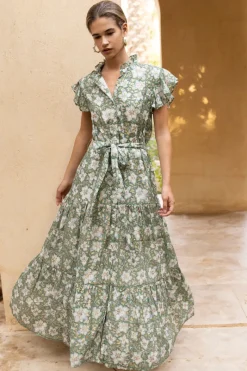 Oliphant Ruffle Collar Button Maxi- Ivy Olive