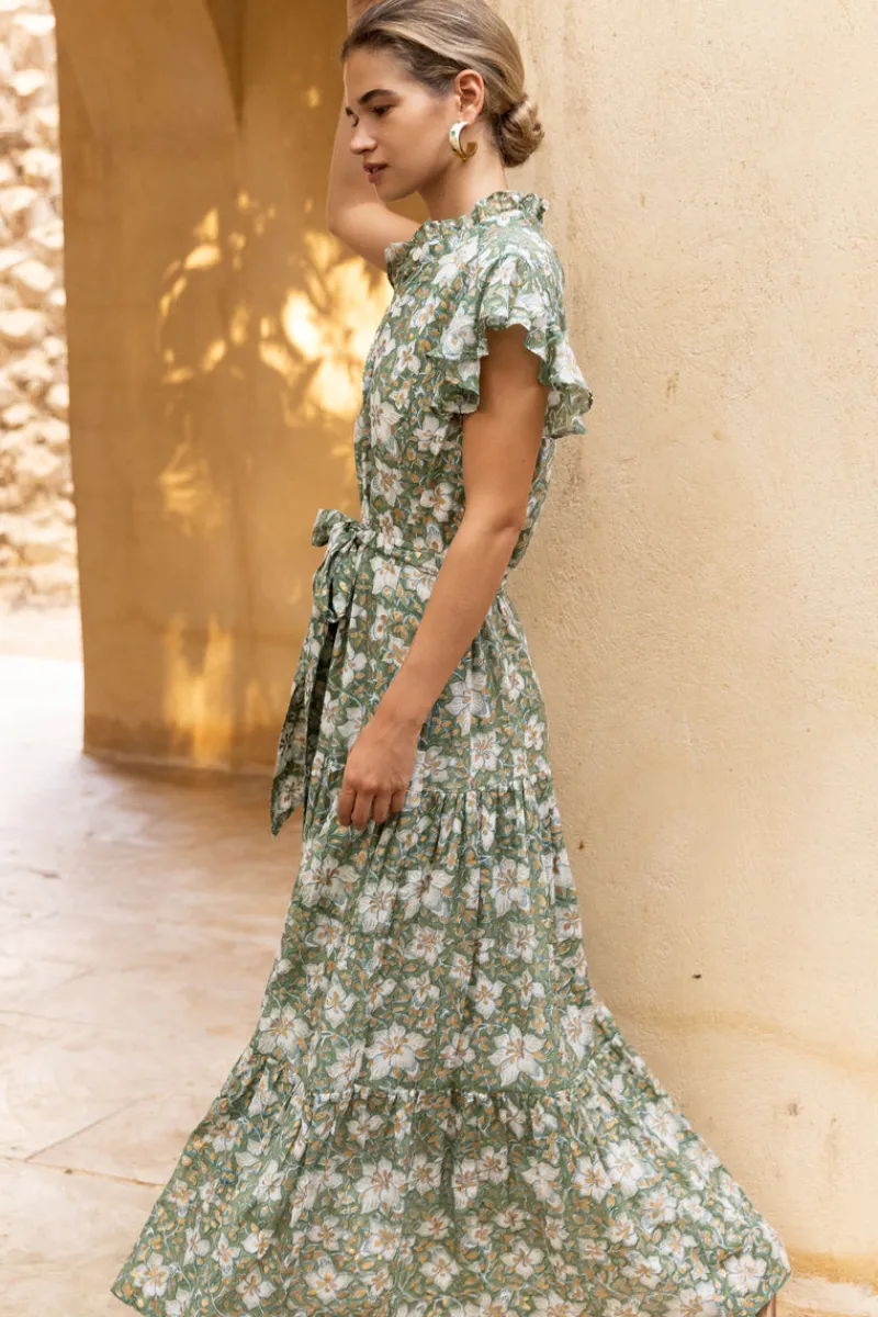 Oliphant Ruffle Collar Button Maxi- Ivy Olive