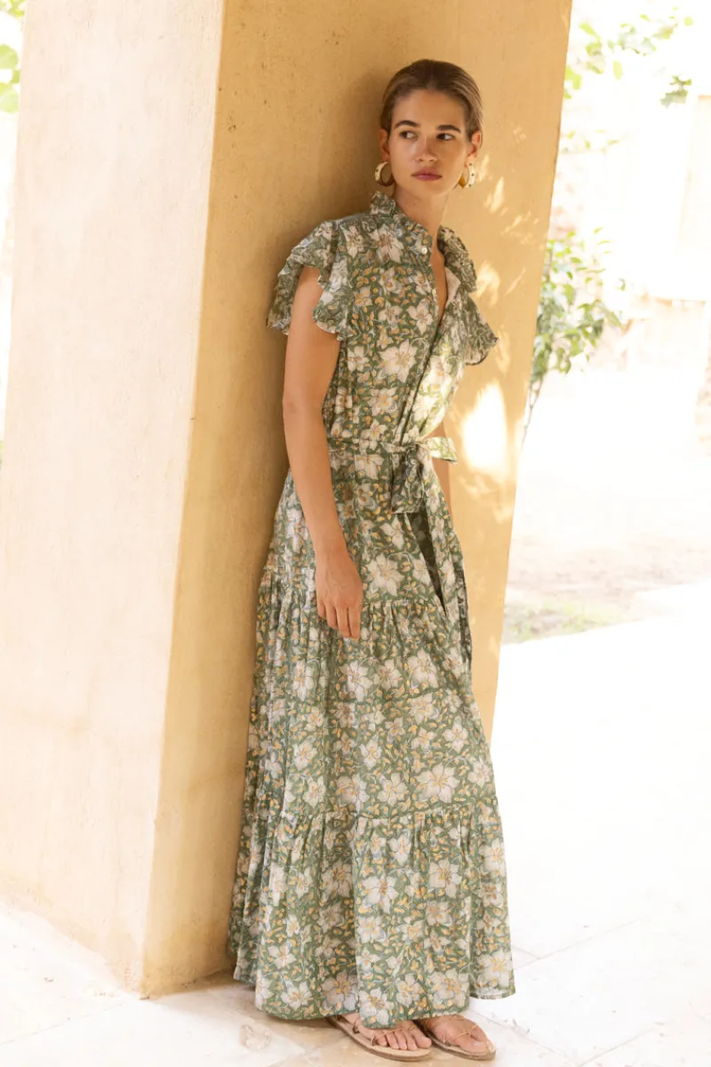 Oliphant Ruffle Collar Button Maxi- Ivy Olive