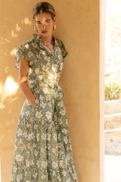 Oliphant Ruffle Collar Button Maxi- Ivy Olive