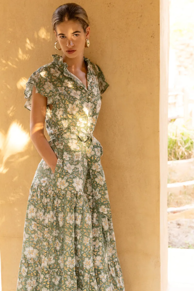 Oliphant Ruffle Collar Button Maxi- Ivy Olive