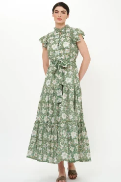Oliphant Ruffle Collar Button Maxi- Ivy Olive