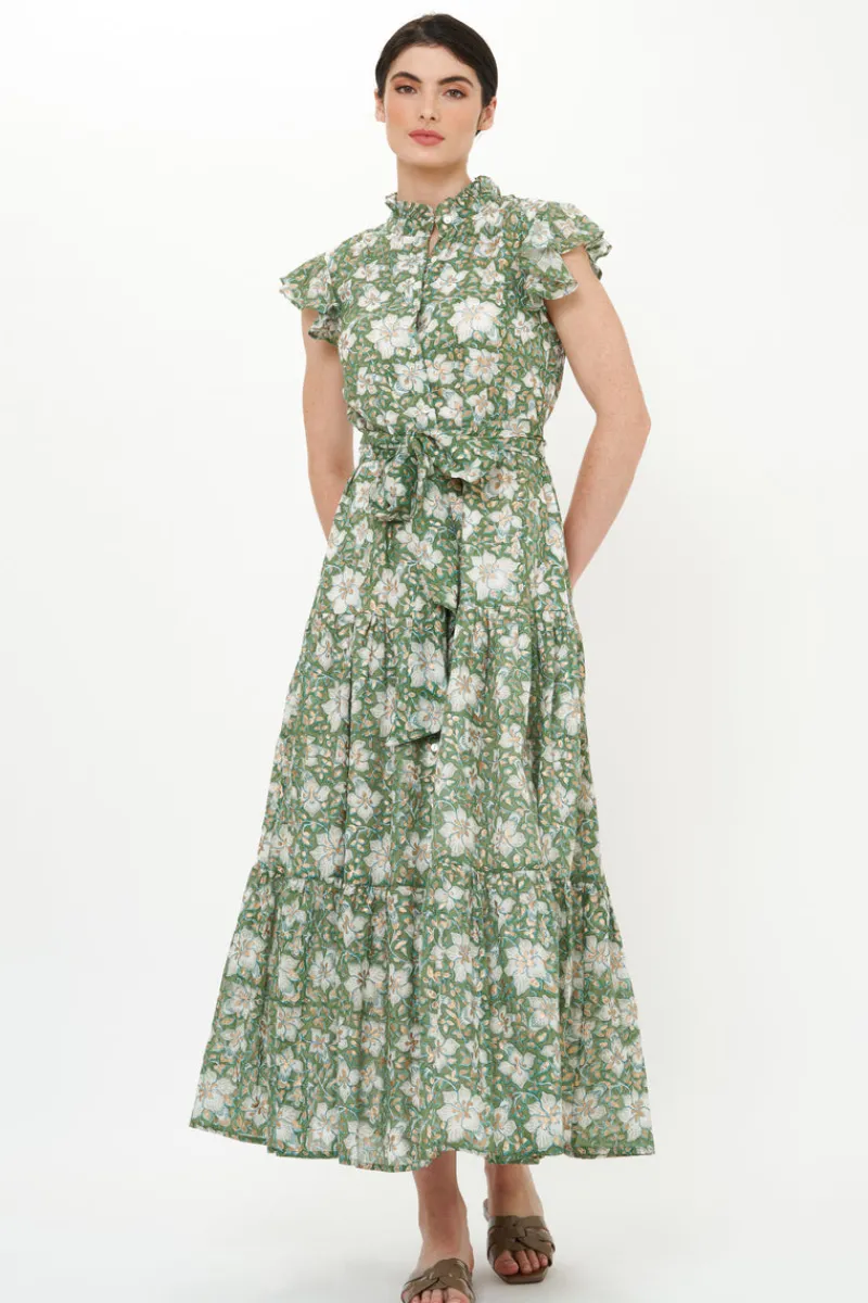 Oliphant Ruffle Collar Button Maxi- Ivy Olive