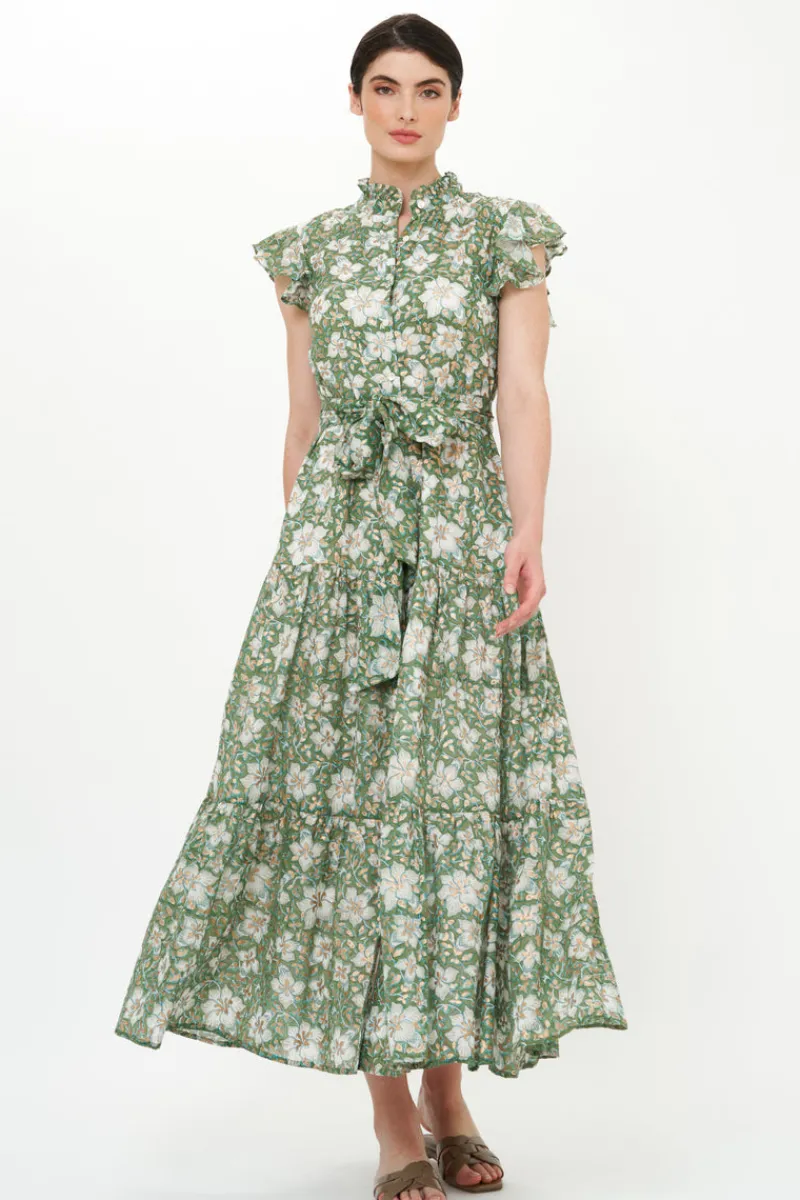 Oliphant Ruffle Collar Button Maxi- Ivy Olive