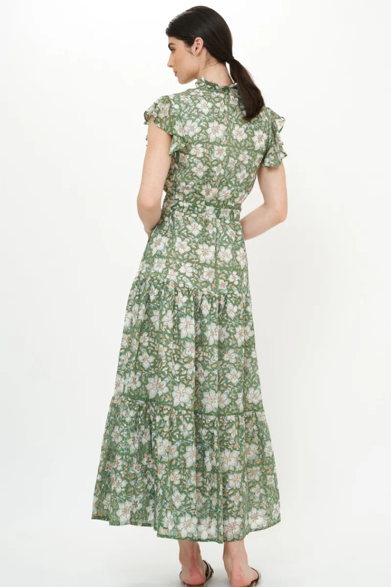 Oliphant Ruffle Collar Button Maxi- Ivy Olive