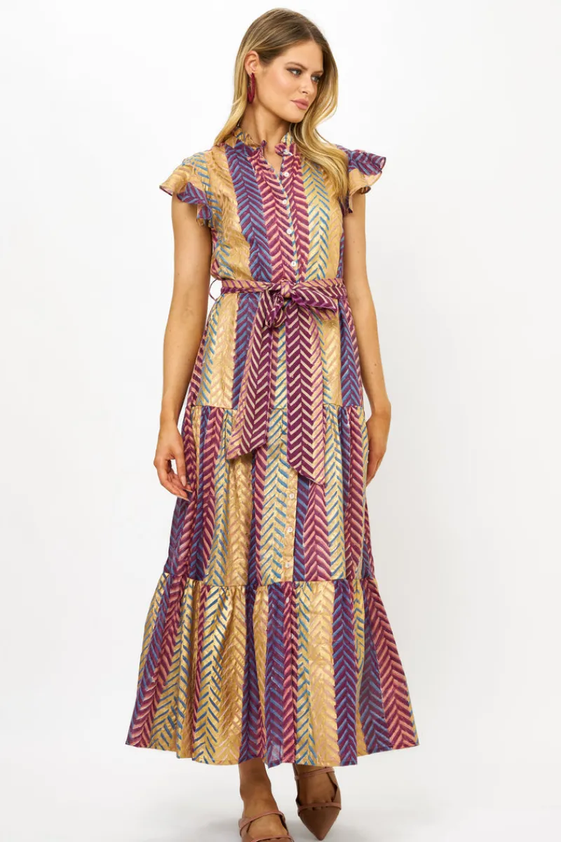 Oliphant Ruffle Collar Button Maxi- Torino Blue