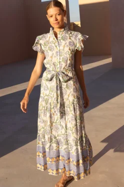 Oliphant Ruffle Collar Button Maxi- Presidio Blue