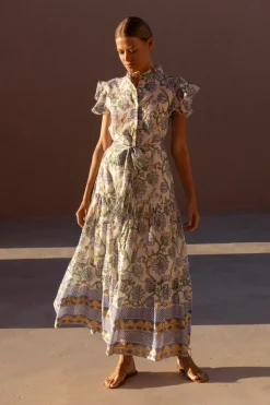 Oliphant Ruffle Collar Button Maxi- Presidio Blue