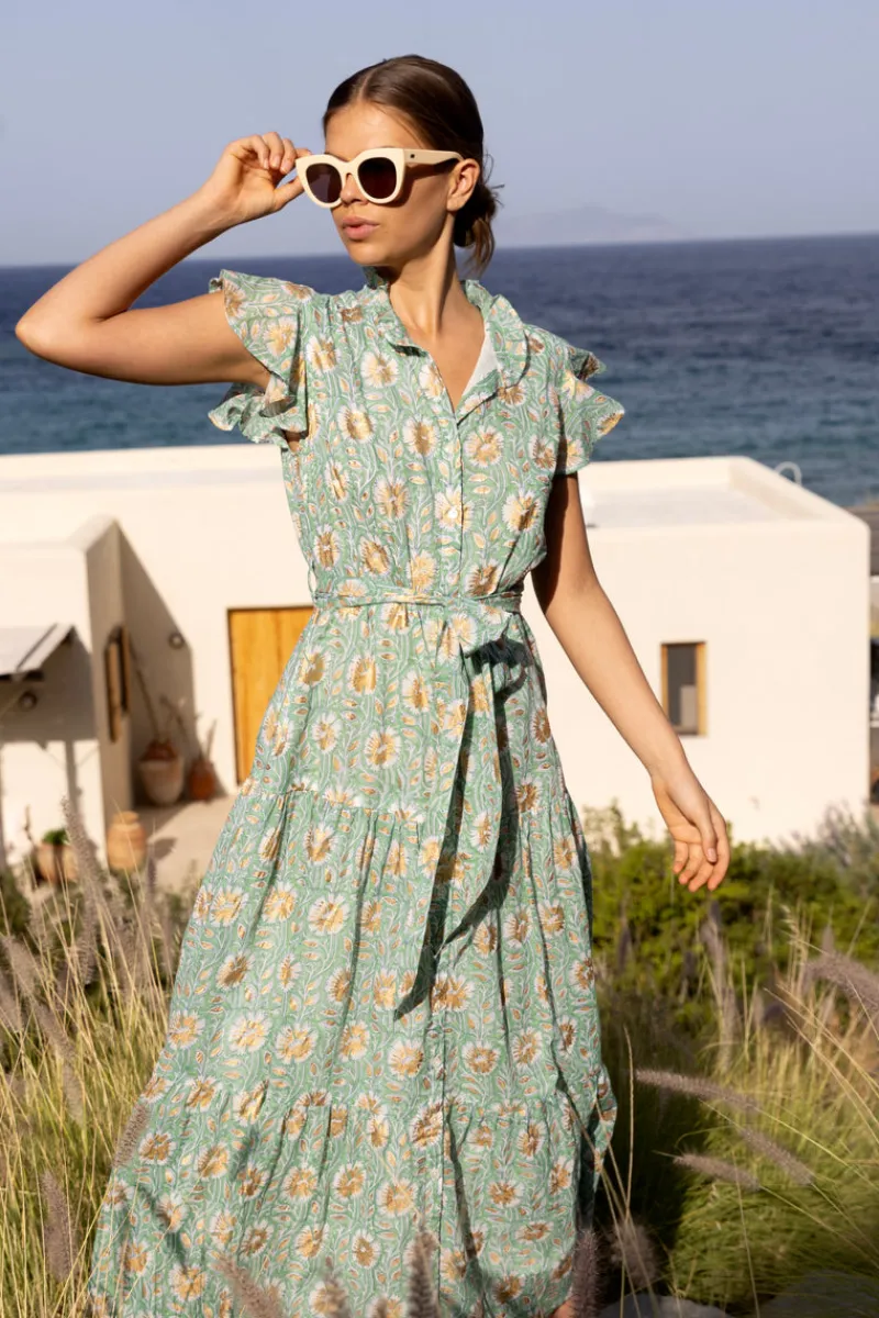 Oliphant Ruffle Collar Button Maxi- Mughal Green