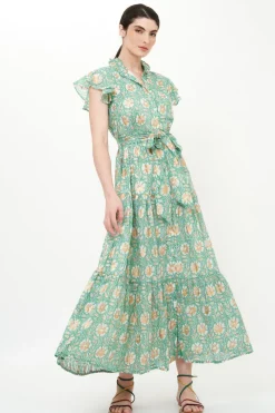 Oliphant Ruffle Collar Button Maxi- Mughal Green