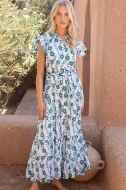 Oliphant Ruffle Collar Button Maxi- Toscana Green