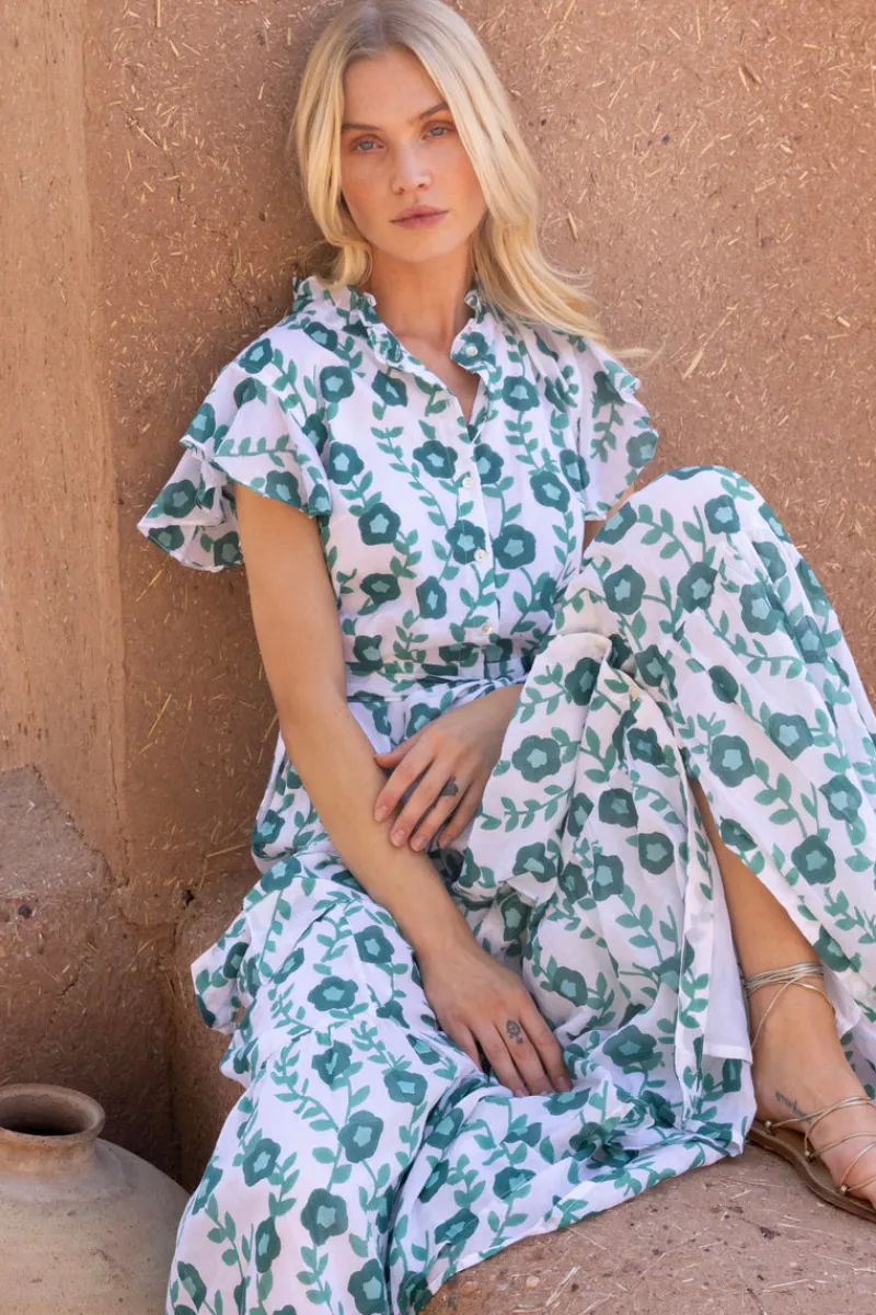 Oliphant Ruffle Collar Button Maxi- Toscana Green