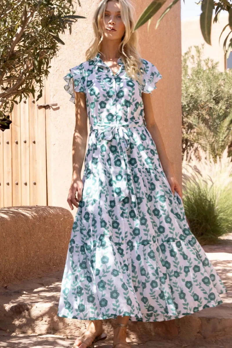 Oliphant Ruffle Collar Button Maxi- Toscana Green