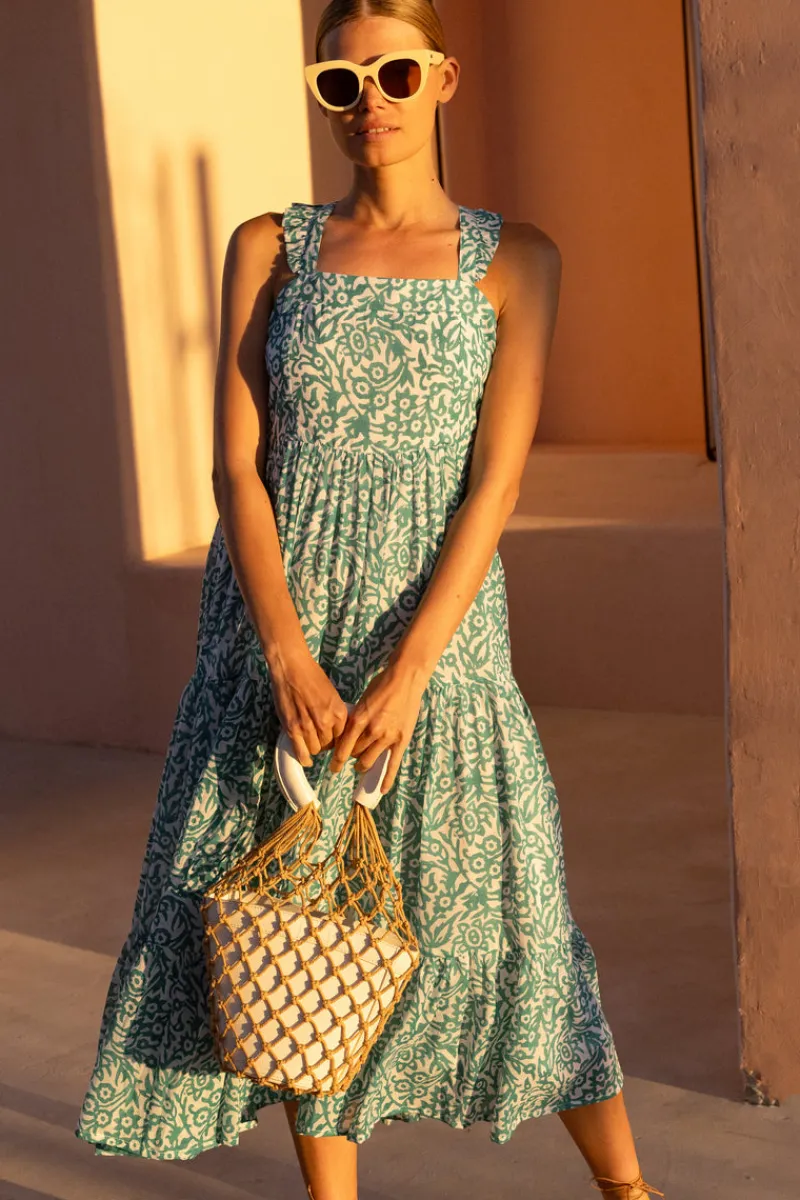 Oliphant Ruffle Cross Back Midi- Cypress Jade