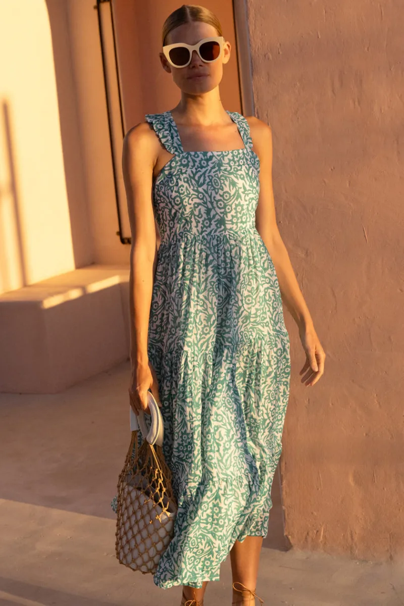 Oliphant Ruffle Cross Back Midi- Cypress Jade