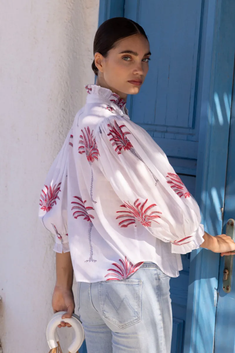 Oliphant Ruffle Front Button Blouse- Canary Coral