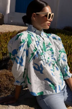 Oliphant Ruffle Front Button Blouse- Orchid Green