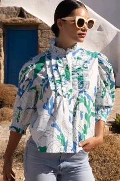 Oliphant Ruffle Front Button Blouse- Orchid Green