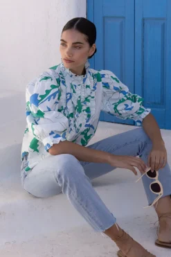 Oliphant Ruffle Front Button Blouse- Orchid Green