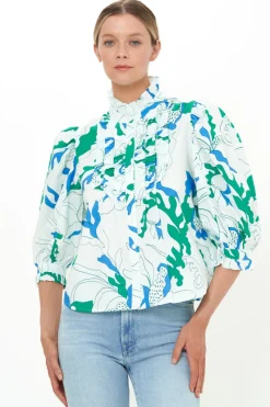 Oliphant Ruffle Front Button Blouse- Orchid Green