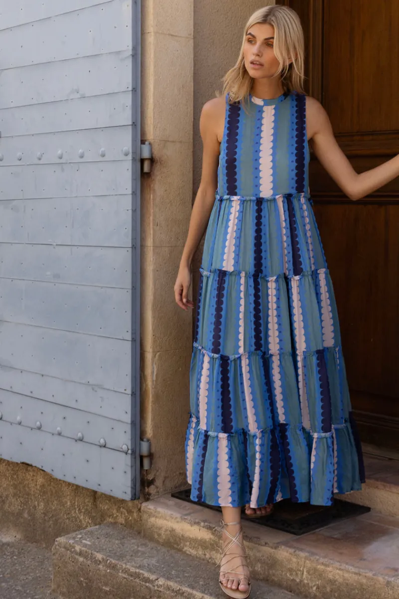 Oliphant Ruffle Tiered Maxi- Meko Blue