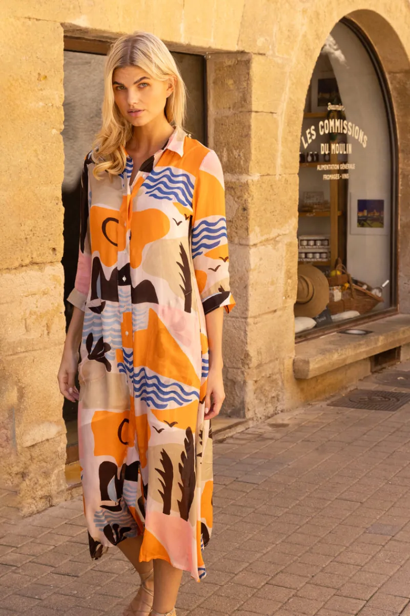Oliphant Shirt Dress Midi- Riviera Orange