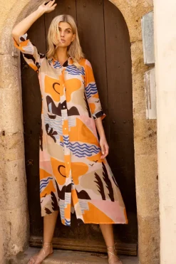 Oliphant Shirt Dress Midi- Riviera Orange