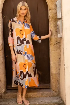 Oliphant Shirt Dress Midi- Riviera Orange