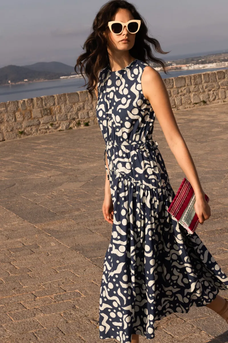 Oliphant Sleeveless Piped Maxi- Acadia Navy