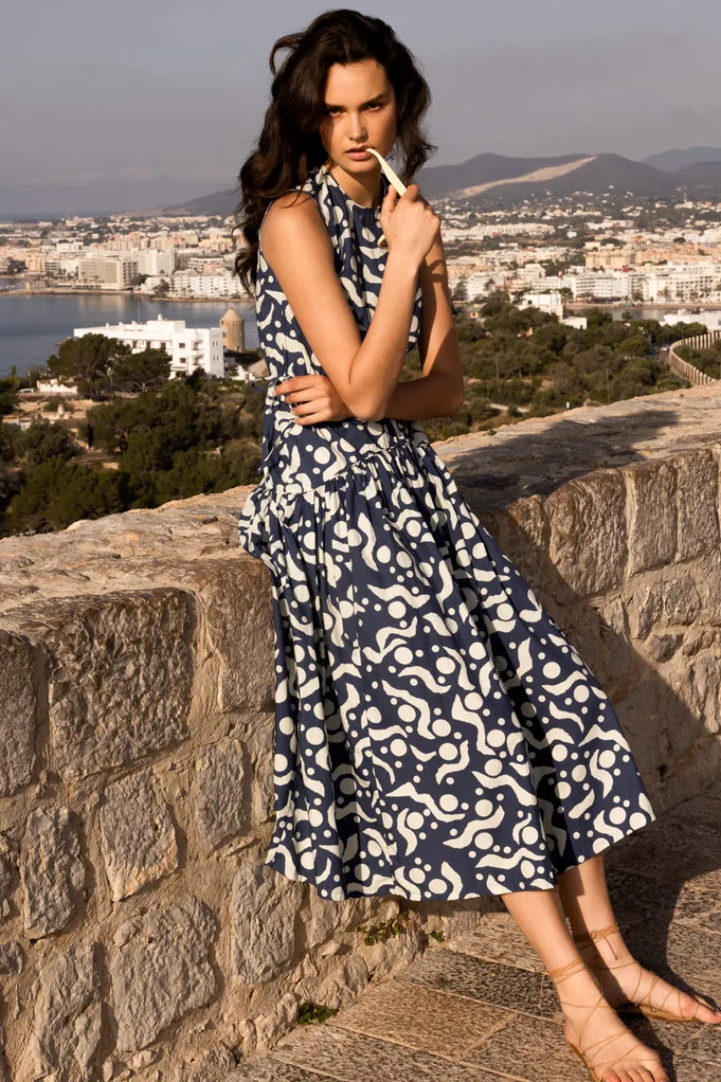 Oliphant Sleeveless Piped Maxi- Acadia Navy