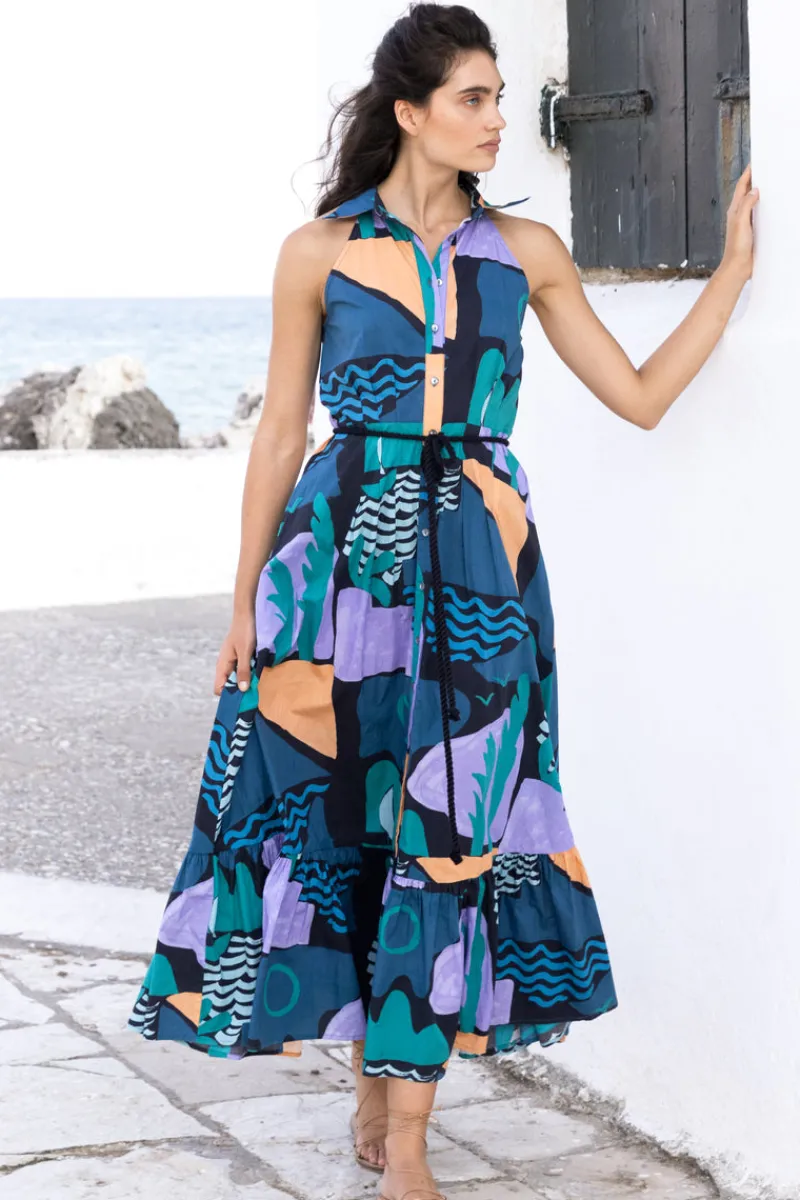 Oliphant Sleeveless Shirt Dress Maxi- Riviera Blue