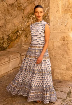 Oliphant Sleeveless Smocked Maxi- Lotus Navy