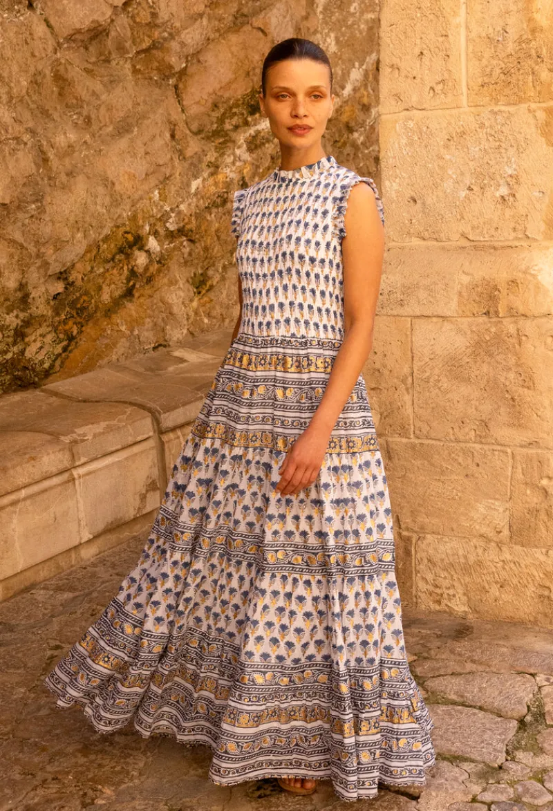 Oliphant Sleeveless Smocked Maxi- Lotus Navy