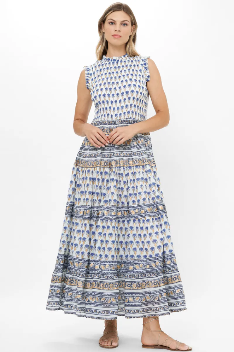 Oliphant Sleeveless Smocked Maxi- Lotus Navy