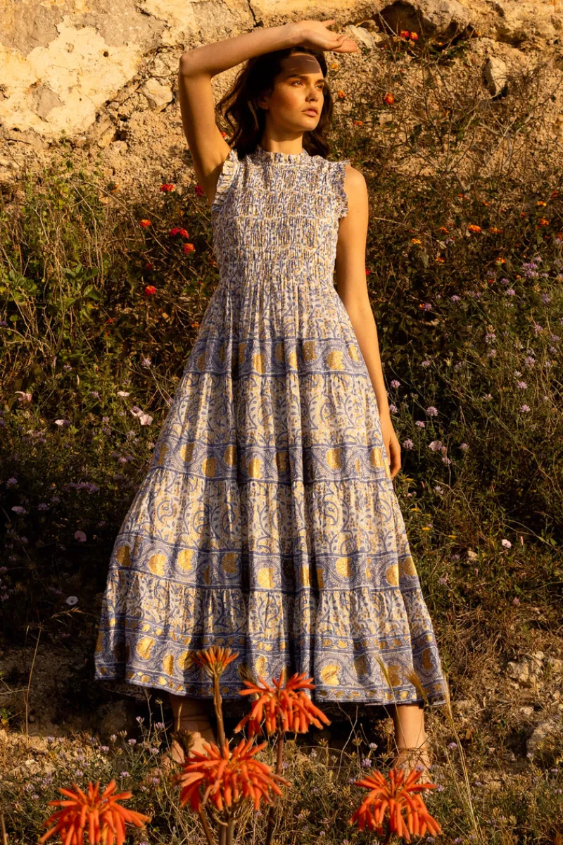 Oliphant Sleeveless Smocked Maxi- Marseille Blue