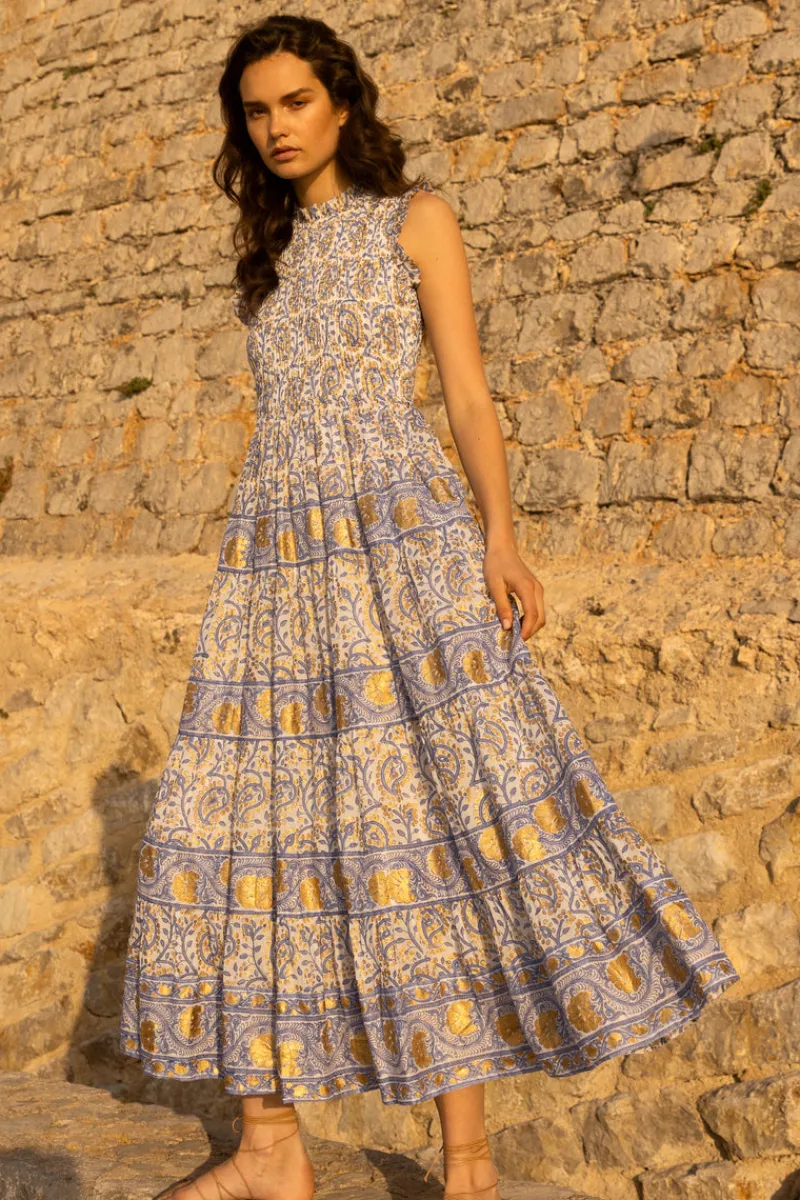 Oliphant Sleeveless Smocked Maxi- Marseille Blue