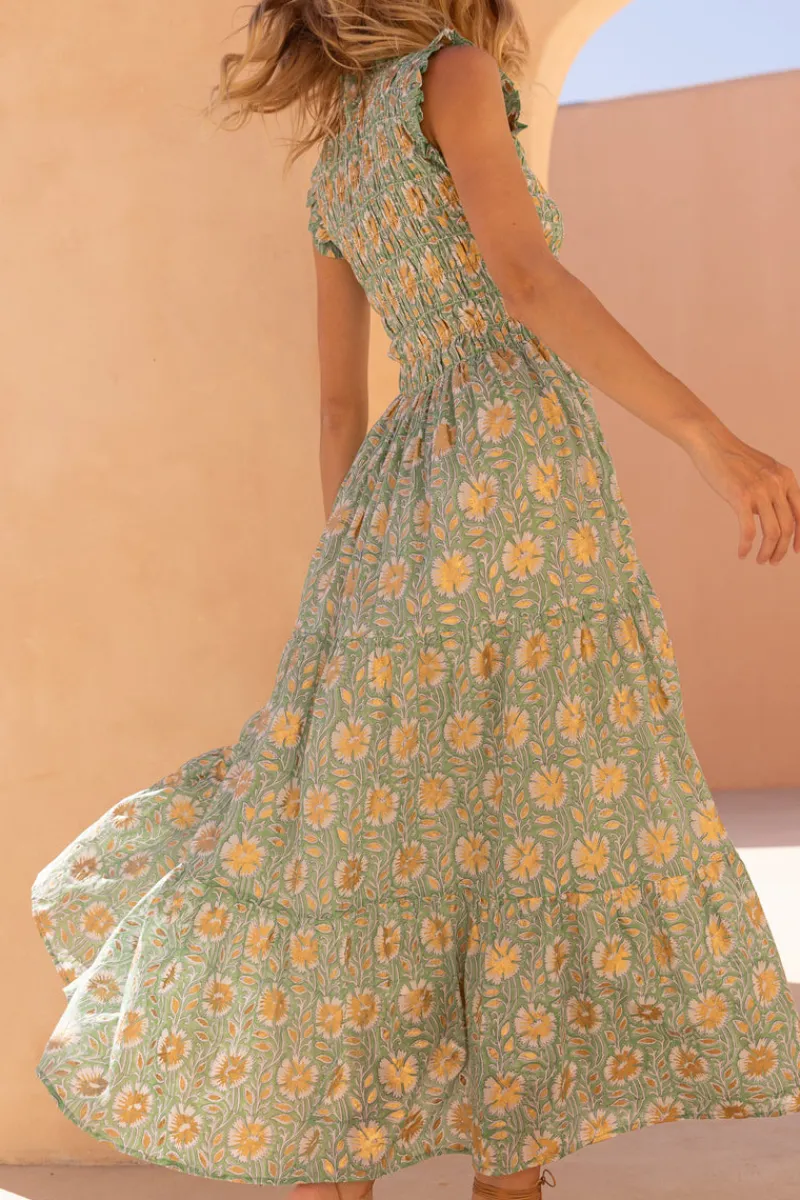 Oliphant Sleeveless Smocked Maxi- Mughal Green