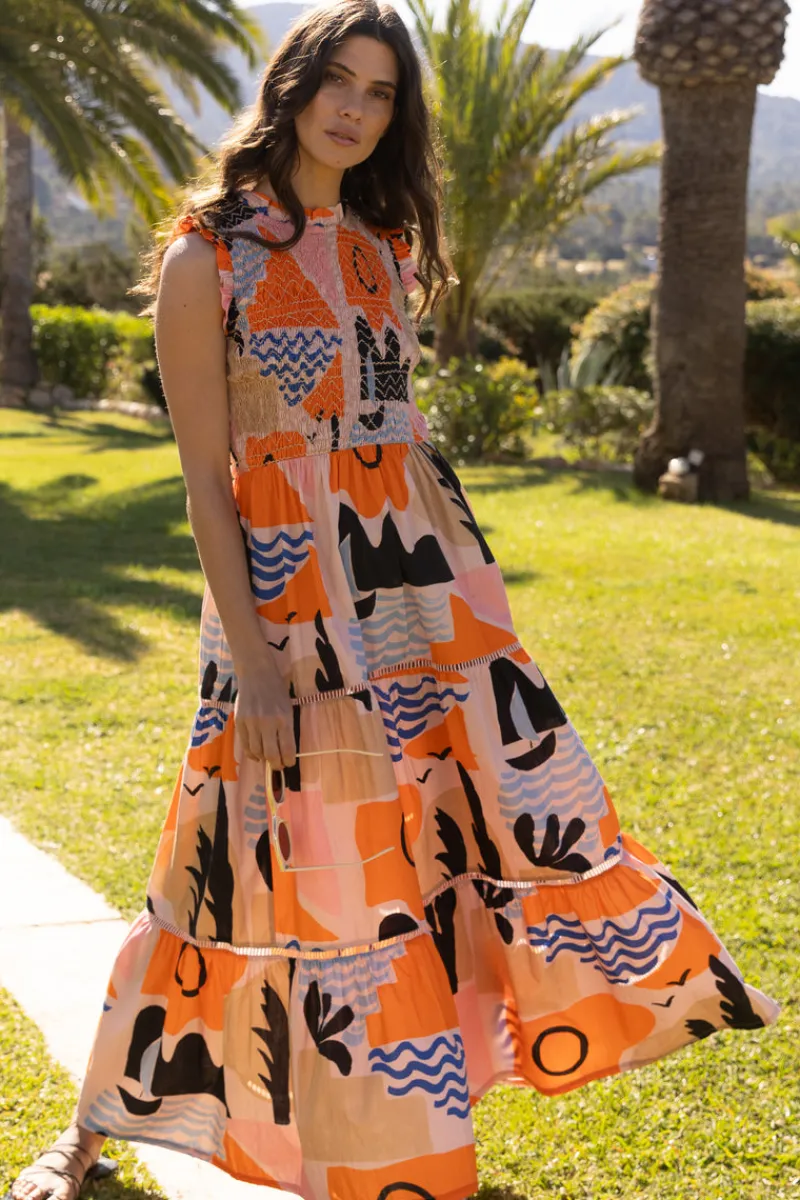 Oliphant Sleeveless Smocked Maxi- Riviera Orange