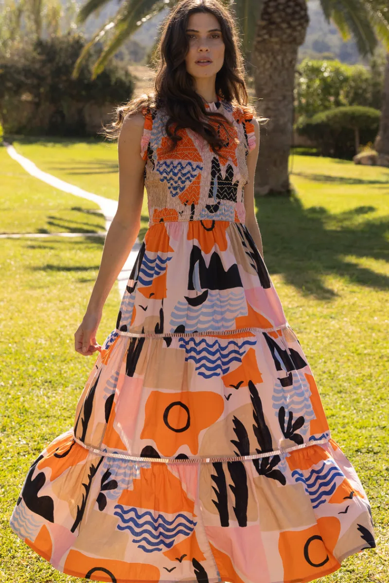 Oliphant Sleeveless Smocked Maxi- Riviera Orange