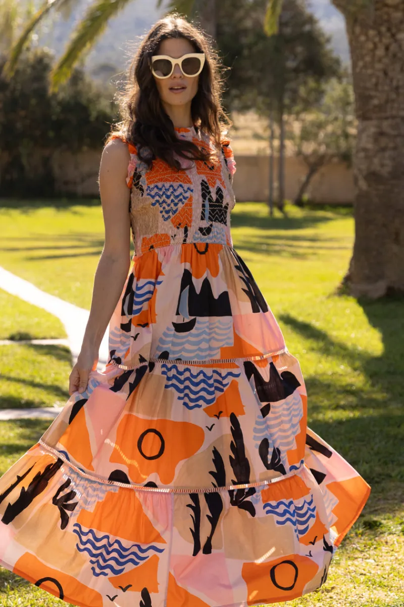 Oliphant Sleeveless Smocked Maxi- Riviera Orange