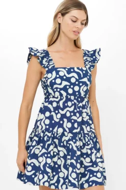 Oliphant Smocked Square Neck Mini- Acadia Navy