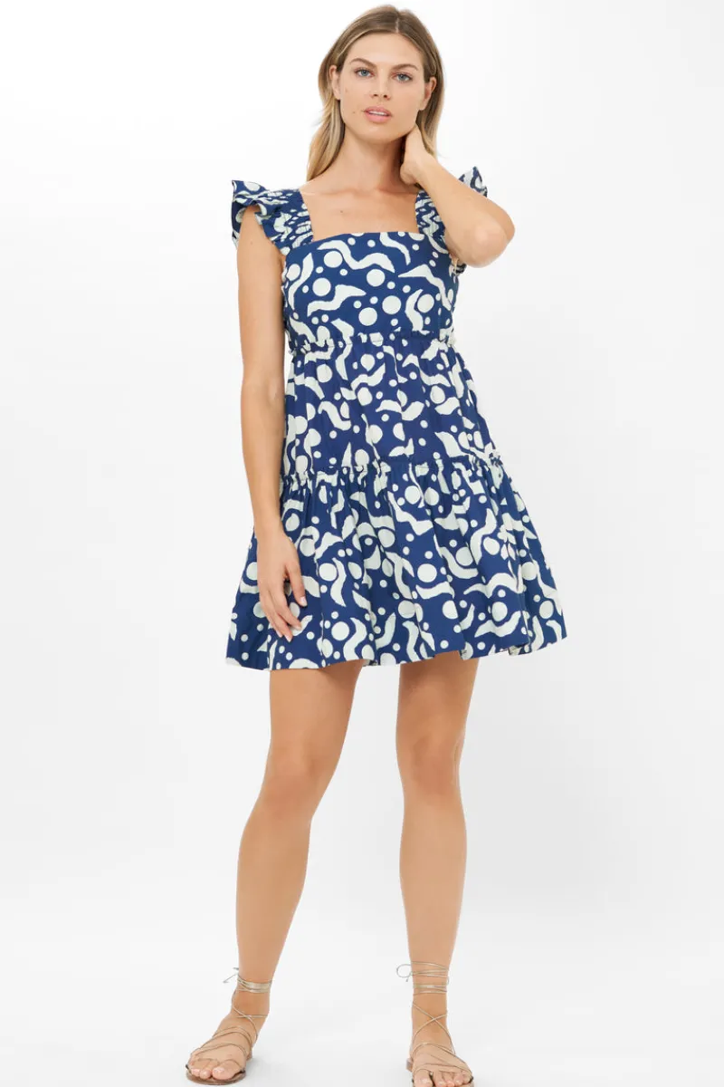 Oliphant Smocked Square Neck Mini- Acadia Navy