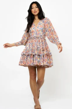 Oliphant Smocked Waist V-Neck Mini- Montenegro Coral
