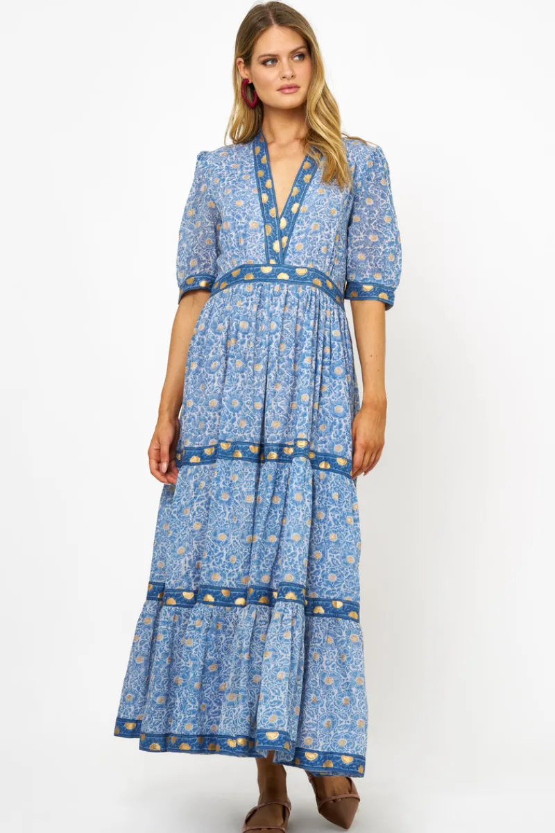 Oliphant V-Neck Cuffed Maxi- Budapest Blue
