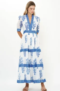 Oliphant V-Neck Cuffed Maxi- Salvia Blue